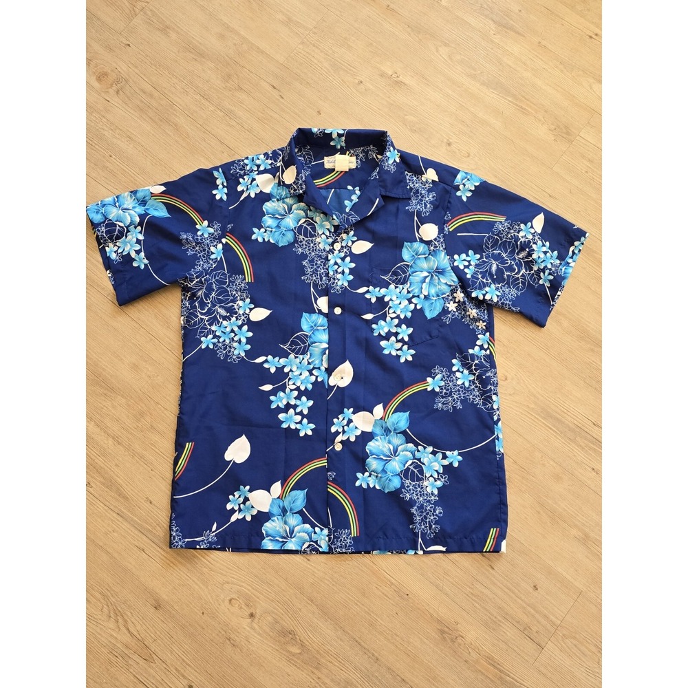 Hukilau Fashions VTG 70s Floral Hawaiian Shirt Mens L Rainbow Hibiscus Flower